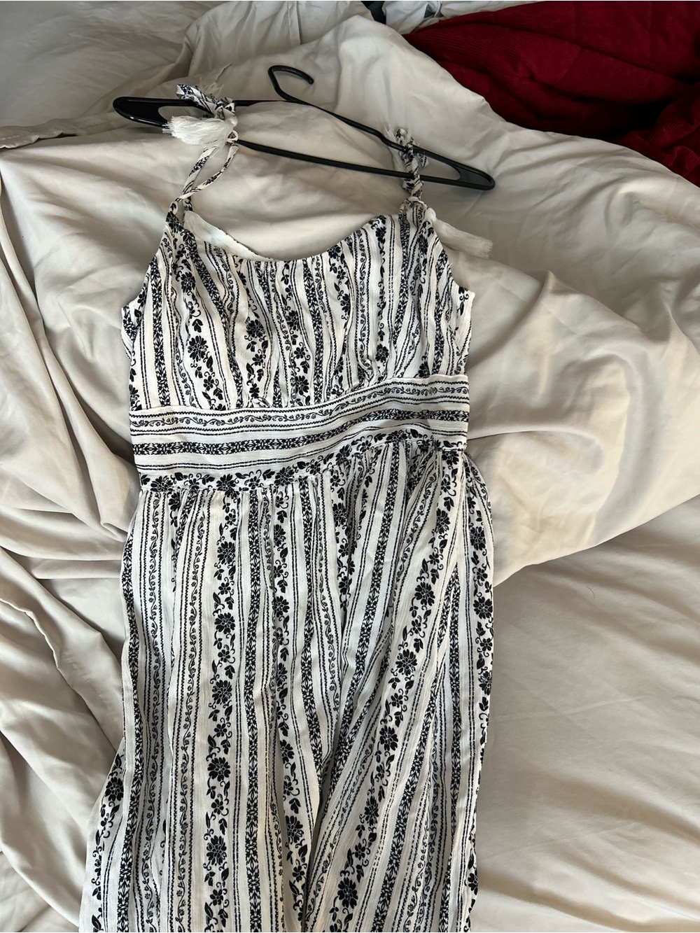 White & Black Striped Floral Tie-Shoulder Sundress